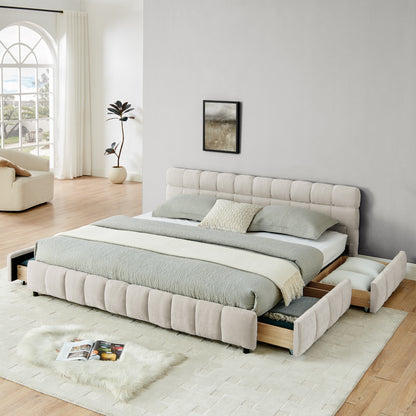 King Size Upholstered Bed,comfortable upholstered bed frame, Chenille fabric, with headboard and solid bed frame. With drawer for storage.-Beige(88.5''*85.5''*31'') image 1
