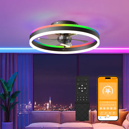 19.7" RGB Flush Mount Ceiling Fan with Light, 6-Speed Reversible Low Profile Fan with Remote & APP for Bedroom, Black image 1