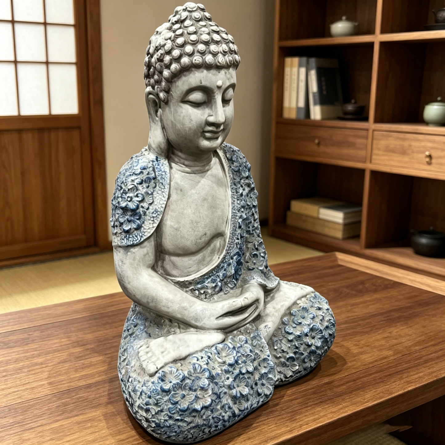 16'' Weatherproof Resin Buddha Garden Statue, Blue Floral Accent Meditating Buddha Figurine, Outdoor Zen Decor for Patio, Yard, Lawn & Landscape image 7