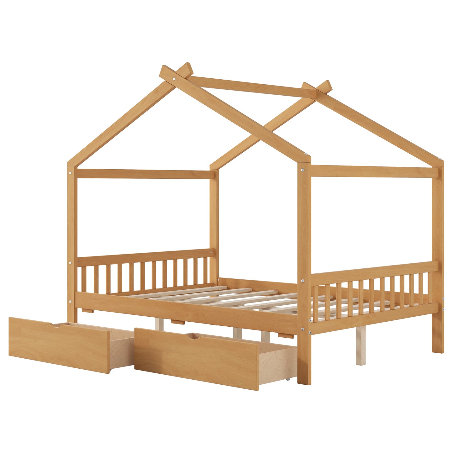 Full Size House Platform Bed with Two Drawers,Headboard and Footboard,Roof Design,Natural image 11