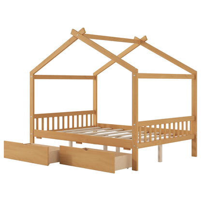 Full Size House Platform Bed with Two Drawers,Headboard and Footboard,Roof Design,Natural image 11