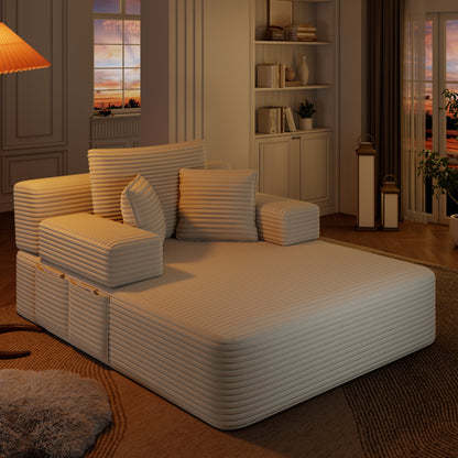 Luxurious Plush Corduroy Chaise Lounge with 3 Pillows, Convertible Sofa Bed with Storage Pocket, Frameless Design & Compression Foam for Small Spaces, Living Room, Apartment,Beige&White image 5