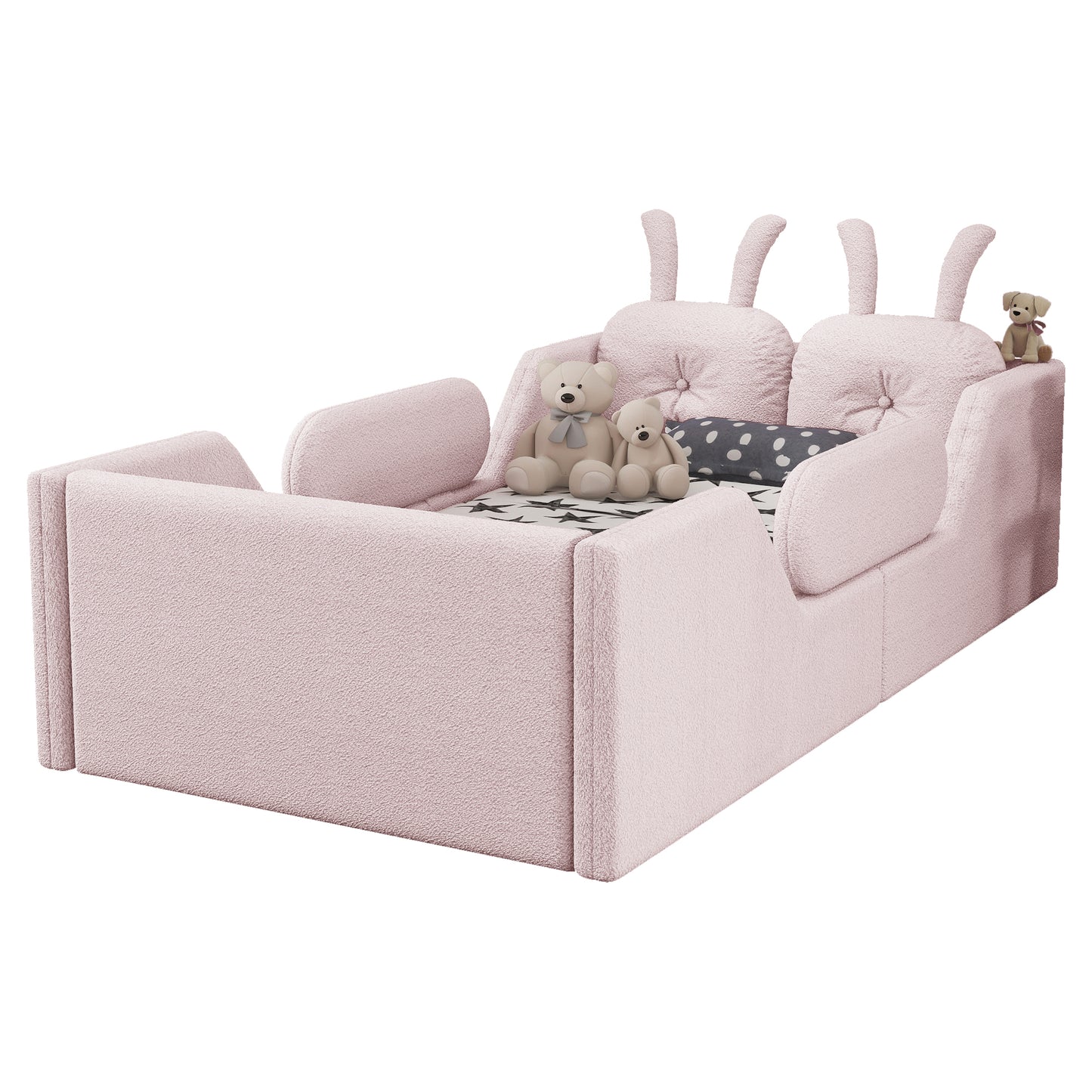 Twin Size Upholstered Platform Bed with Rabbit Cushion, Kids Floor Upholstered Bed with Removable Side Rails, Pink(Old SKUW2593P395807 Expect Arrival Date 2026/7/14) image 7