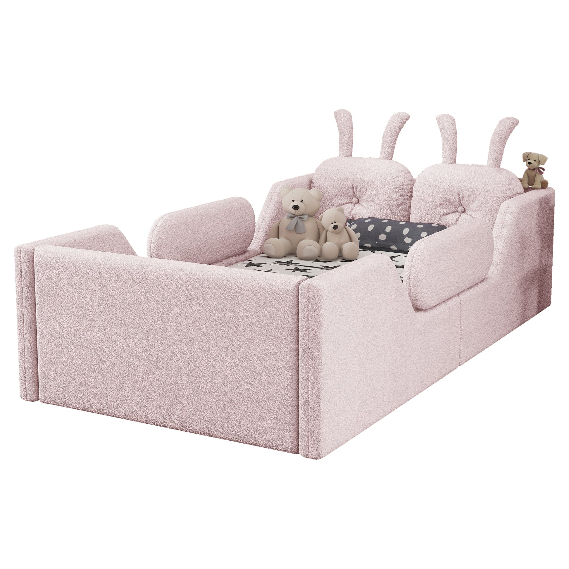 Twin Size Upholstered Platform Bed with Rabbit Cushion, Kids Floor Upholstered Bed with Removable Side Rails, Pink(Old SKUW2593P395807 Expect Arrival Date 2026/7/14) image 7