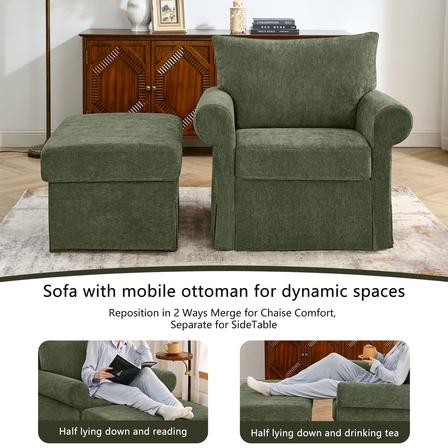37.5" Accent Chair with Ottoman, Plush Chenille Upholstered Armchair, Stylish Single Sofa Chair for Living Room, Bedroom, Apartment image 9