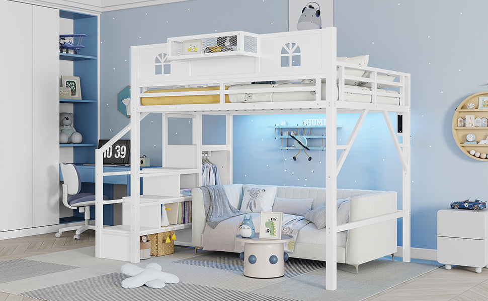 Full Size Loft Bed with Stairs, Metal Full Loft Bed with High and House Shaped Guardrails, High Loft Bed with Wardrobe for Kids Teens, White (Old SKU W2593S00037 Expect Arrival Datee2026/3/17) image 7