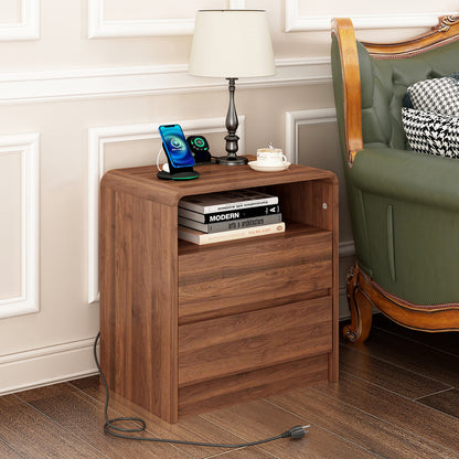 25" Tall Modern Nightstand with Charging Station, 23.6'' Wide Wood Bedside Table w/2 Storage Drawers, Large Mid Century End Table for Bedroom, Living Room, Curved Profile Design (WALNUT) image 1