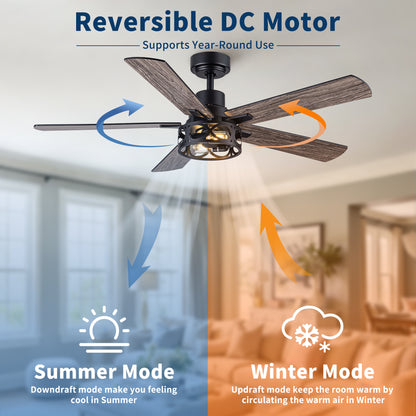 52" Modern Farmhouse Industrial Ceiling Fan with Light, Dual‑Sided Matte Black & Wood Grain Blades, Reversible DC Motor, 6‑Speed Timer Remote, Metal Cage, E12 Compatible, Bulbs Not Included image 8