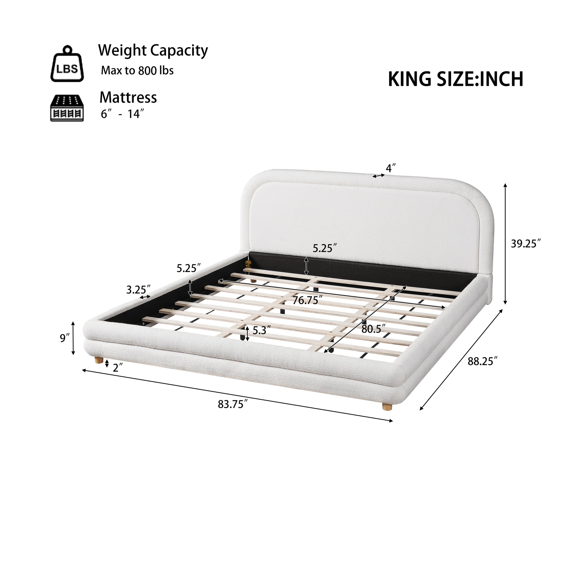 King Size Bed Frame With Boucle Upholstered Thick Curved Headboard, Solid Wood Legs, White image 3