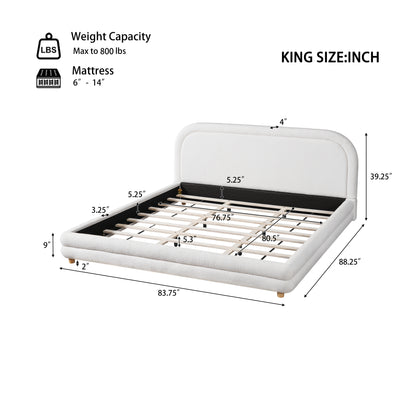 King Size Bed Frame With Boucle Upholstered Thick Curved Headboard, Solid Wood Legs, White image 3