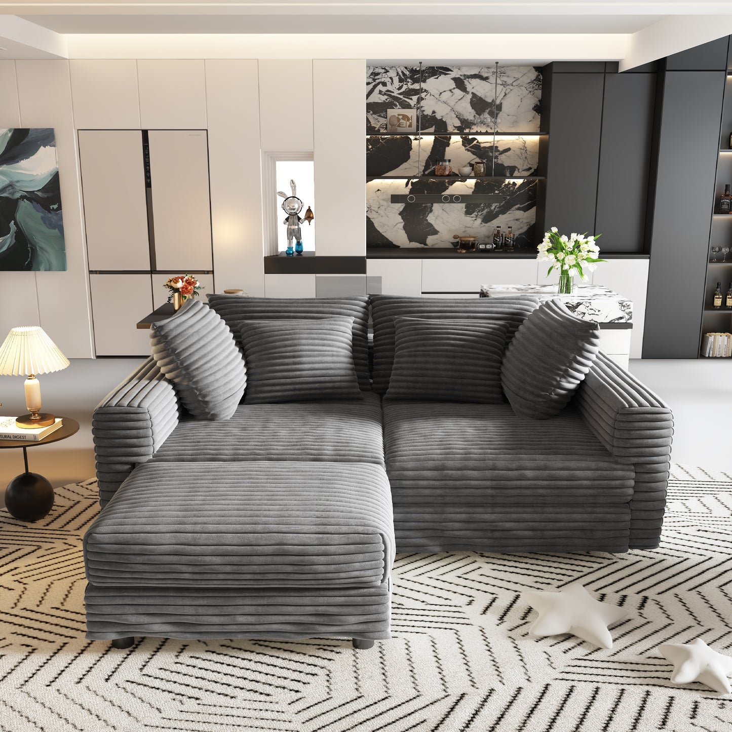 102.4 "Plush Corduroy 4-Seat Sofa,Modern Comfy Upholstered Sofa Cloud Couch,Deep Seat Couches with Soft Pillows and Movable Ottoman,Convertible Sofa Lounge Chair,Grey(Old SKU:W1885S00274) image 5