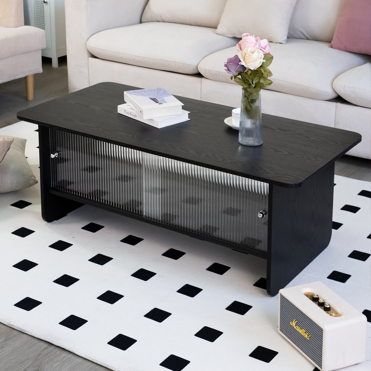 47" Coffee Table With Storage, Rectangular Modern Minimalist Center Table, Fluted Glass Sliding Doors For Living Room Bedroom Guest Room, Black. image 10