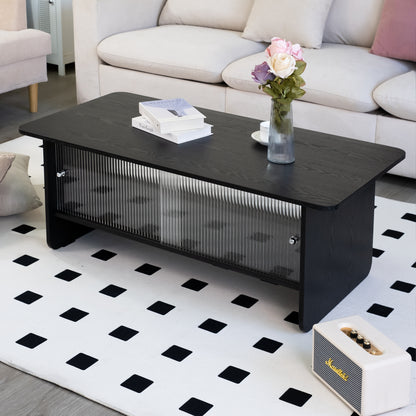 47" Coffee Table With Storage, Rectangular Modern Minimalist Center Table, Fluted Glass Sliding Doors For Living Room Bedroom Guest Room, Black. image 10