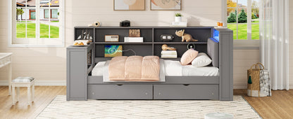 Wood Twin Size Platform Bed with Storage Shelves, Drawers, Charging Station, LED, Desk and Upholstered Headboard, Grey+ Grey Cushion image 8