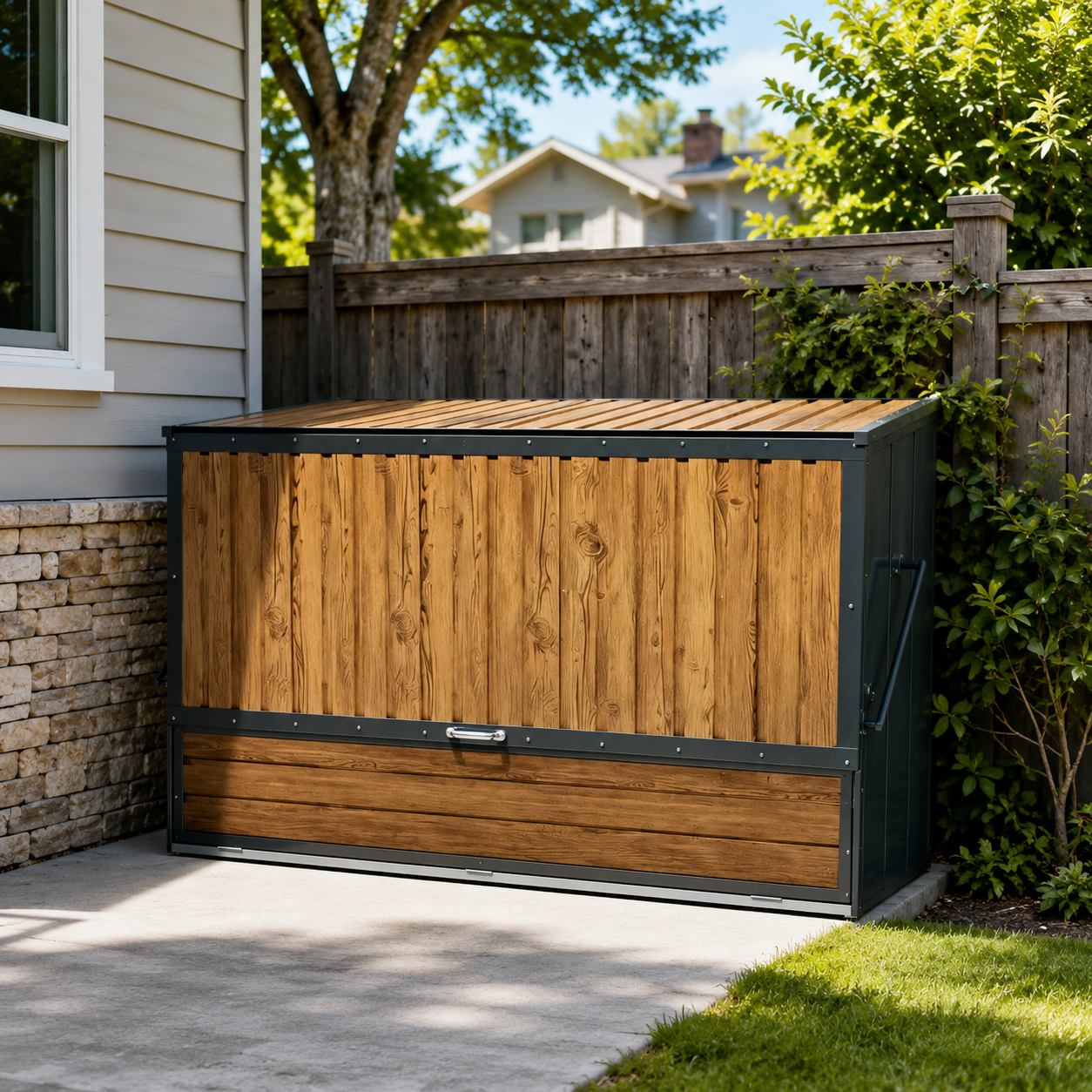 Wood Grain Galvanized Steel Storage Cabinet, Lift-Up Top & Foldable Front Door Large Capacity Tool Cabinet for Indoor, Garage & Backyard Use 594.39 US Gal 2.25m³ image 12