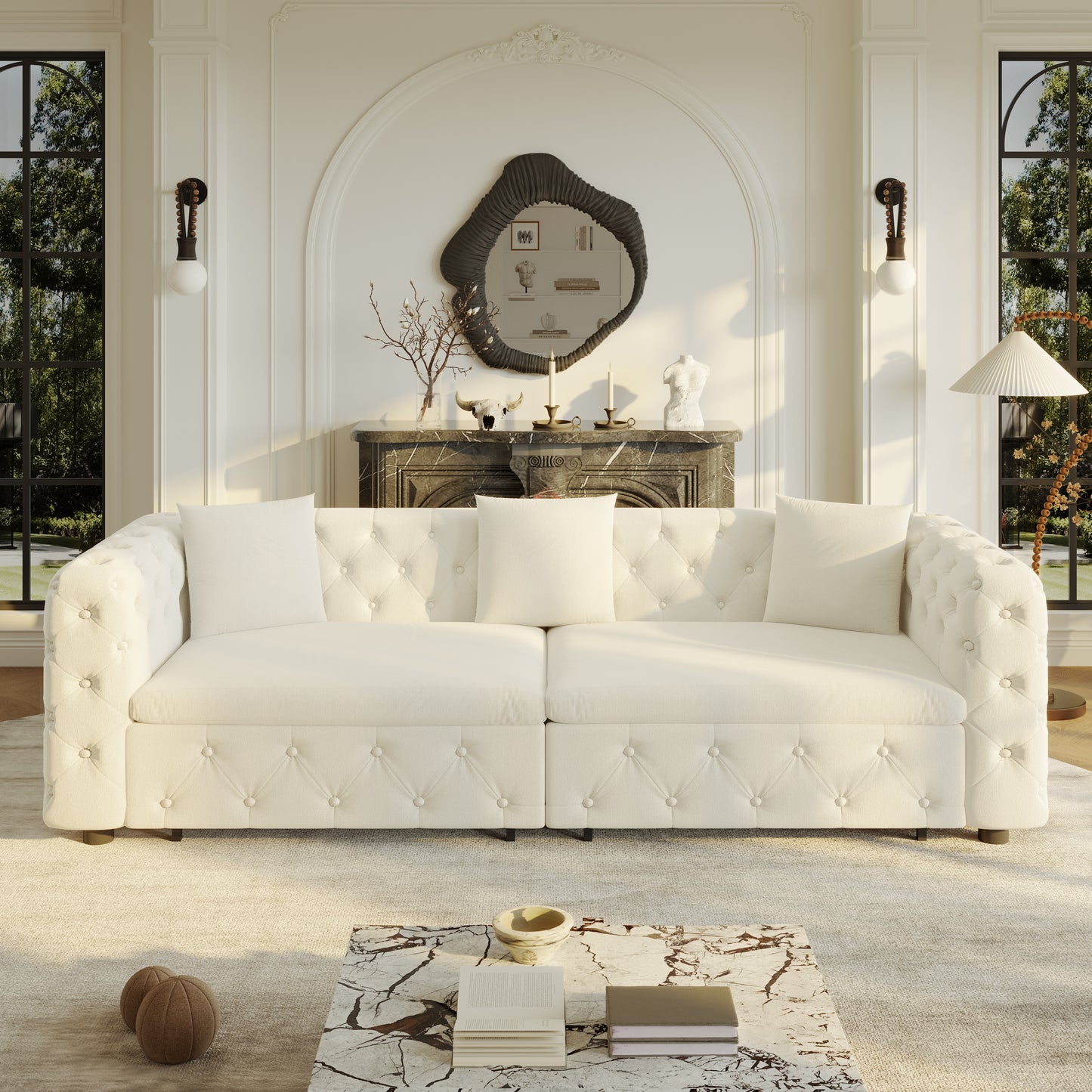 89" Extra Large Multifunctional Sofa Bed, 3-in-1 Pull Out Sofa, 4-Seater Classic Velvet Sofa with Tufted Design, Includes 3 Throw Pillows, Suitable for Apartments and Living Rooms, Beige&White image 10