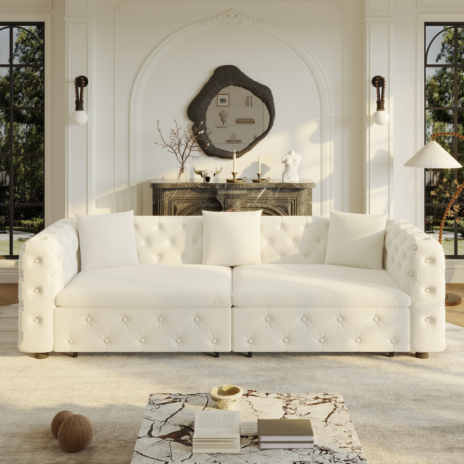 89" Extra Large Multifunctional Sofa Bed, 3-in-1 Pull Out Sofa, 4-Seater Classic Velvet Sofa with Tufted Design, Includes 3 Throw Pillows, Suitable for Apartments and Living Rooms, Beige&White image 10