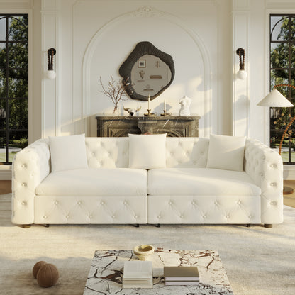 89" Extra Large Multifunctional Sofa Bed, 3-in-1 Pull Out Sofa, 4-Seater Classic Velvet Sofa with Tufted Design, Includes 3 Throw Pillows, Suitable for Apartments and Living Rooms, Beige&White image 10