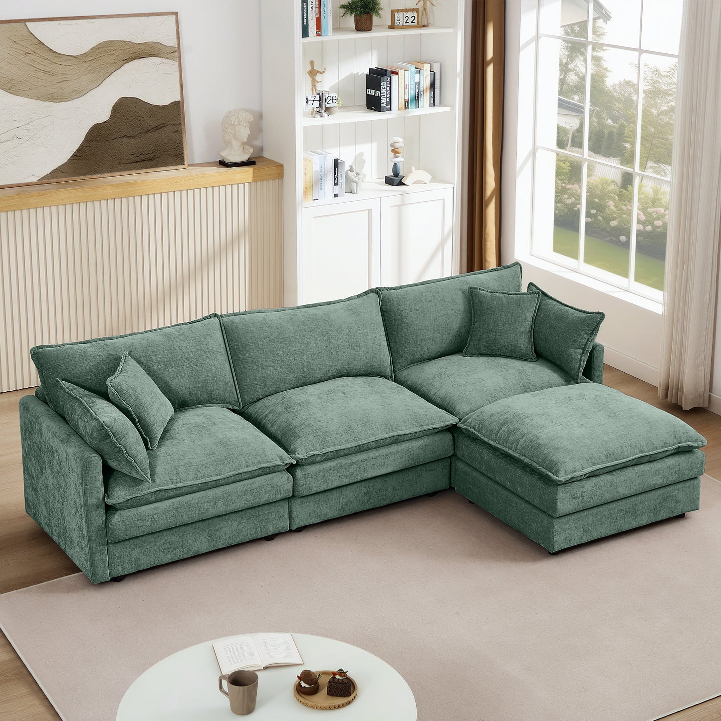 Modular Sectional Sofa, 102 Inch L Shaped Couch Set for Living Room, 3-Seater Comfy Cloud Couches with Movable Ottoman, DIY Combination, Chenille, Mint Green image 1