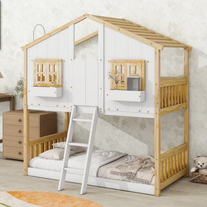 Twin over Twin House Bunk Bed with Roof, Window, Window Box, Door, with Safety Guardrails and Ladder, Natural/White image 1