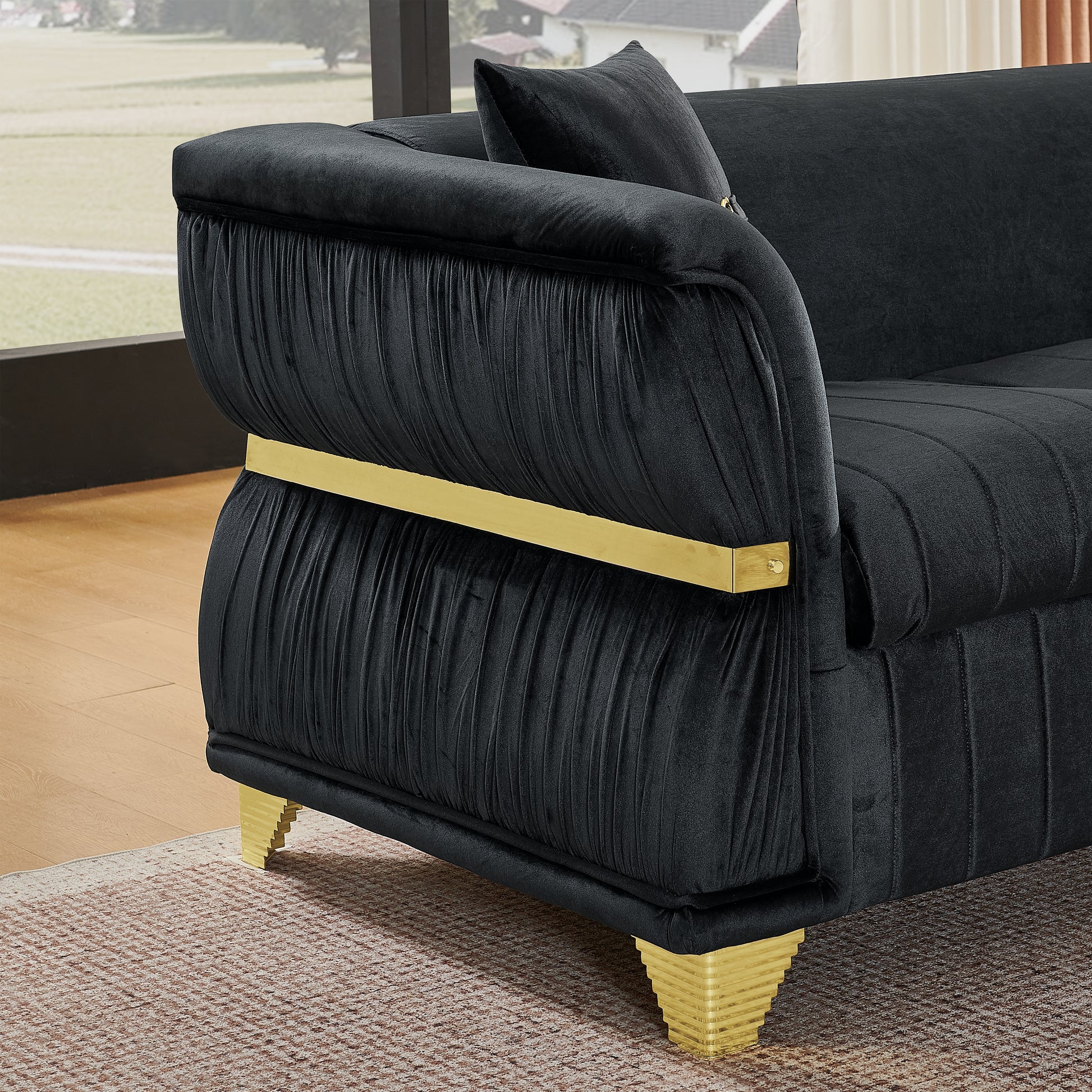 83.5"Modern Velvet 3-Seater Sofa with 2 Pillows, Upholstered Accent Couch with Gold Metal Trim, Tapered Gold-Tone Legs & Curved Armrests for Living Room, Bedroom & Apartment, Black image 4