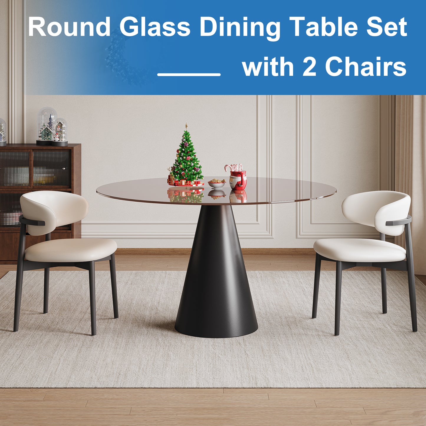 35-inch round glass dining table, with tempered glass tabletop and carbon steel legs. Suitable for 2-4 people. Dark brown small round dining table, suitable for restaurants and apartments. (2 chair) image 3