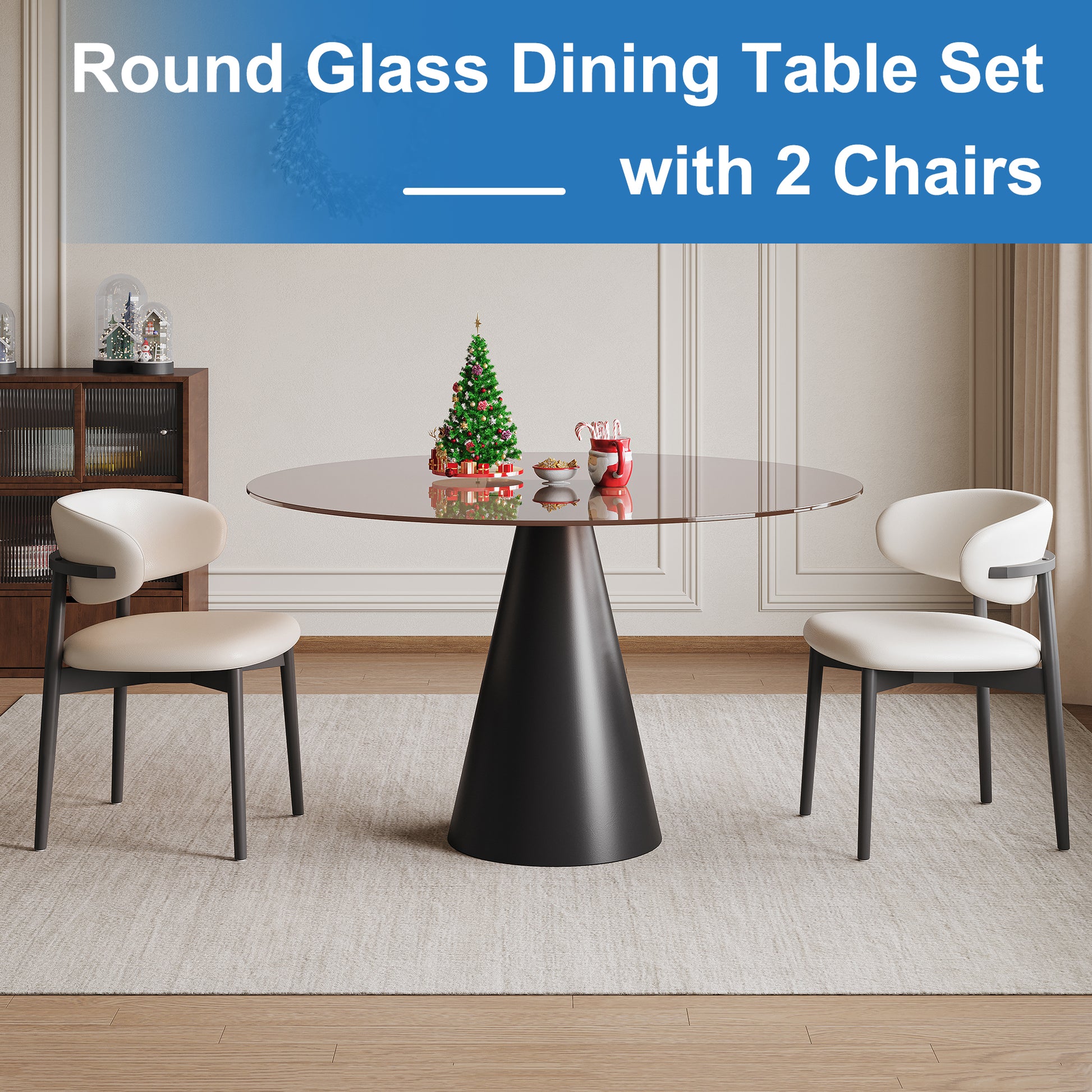 35-inch round glass dining table, with tempered glass tabletop and carbon steel legs. Suitable for 2-4 people. Dark brown small round dining table, suitable for restaurants and apartments. (2 chair) image 3
