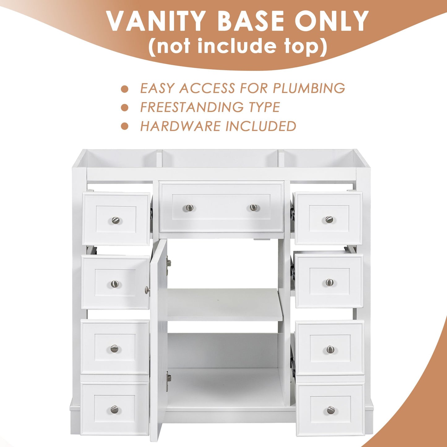White bathroom vanity with six drawers and cabinet door