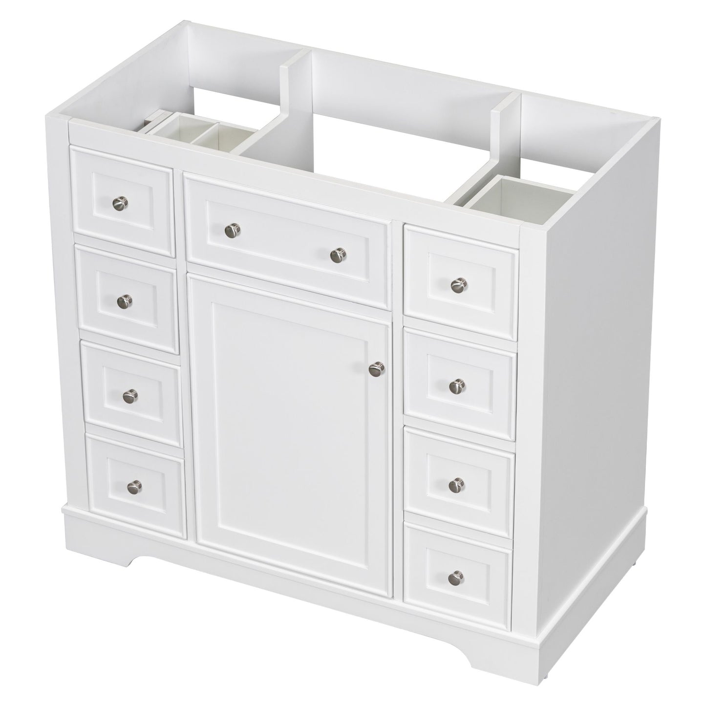 White bathroom vanity with anti-toppling device