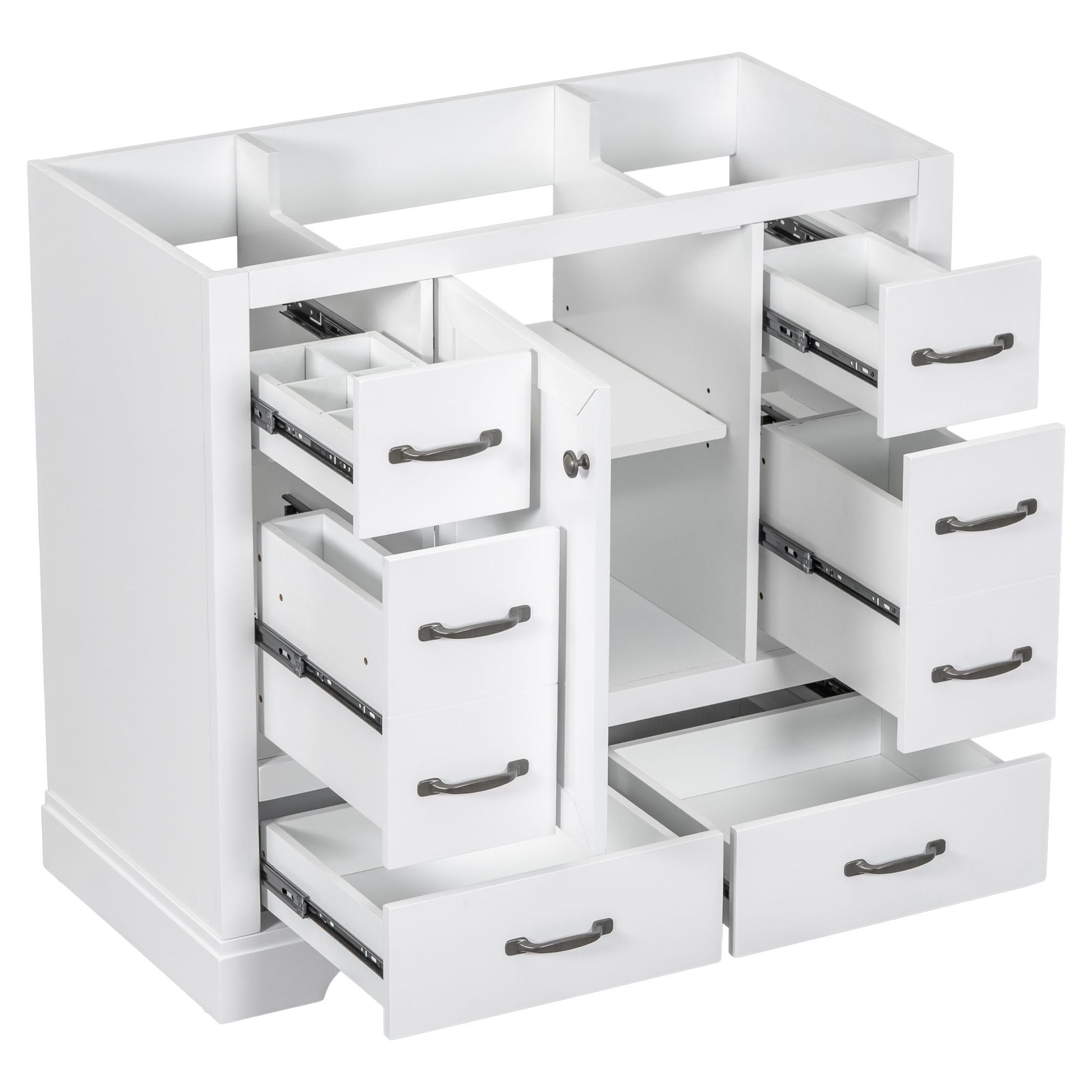 36 inch white bathroom vanity cabinet base with six drawers front view