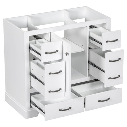 36 inch white bathroom vanity cabinet base with six drawers front view