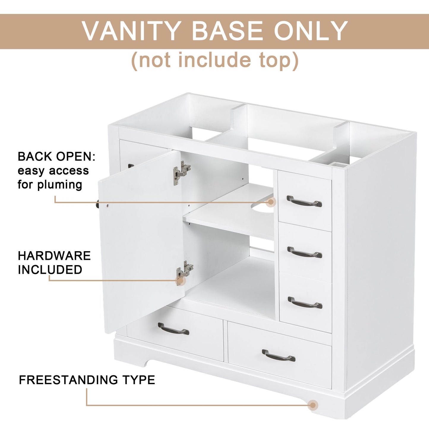 White bathroom vanity cabinet with adjustable shelf inside