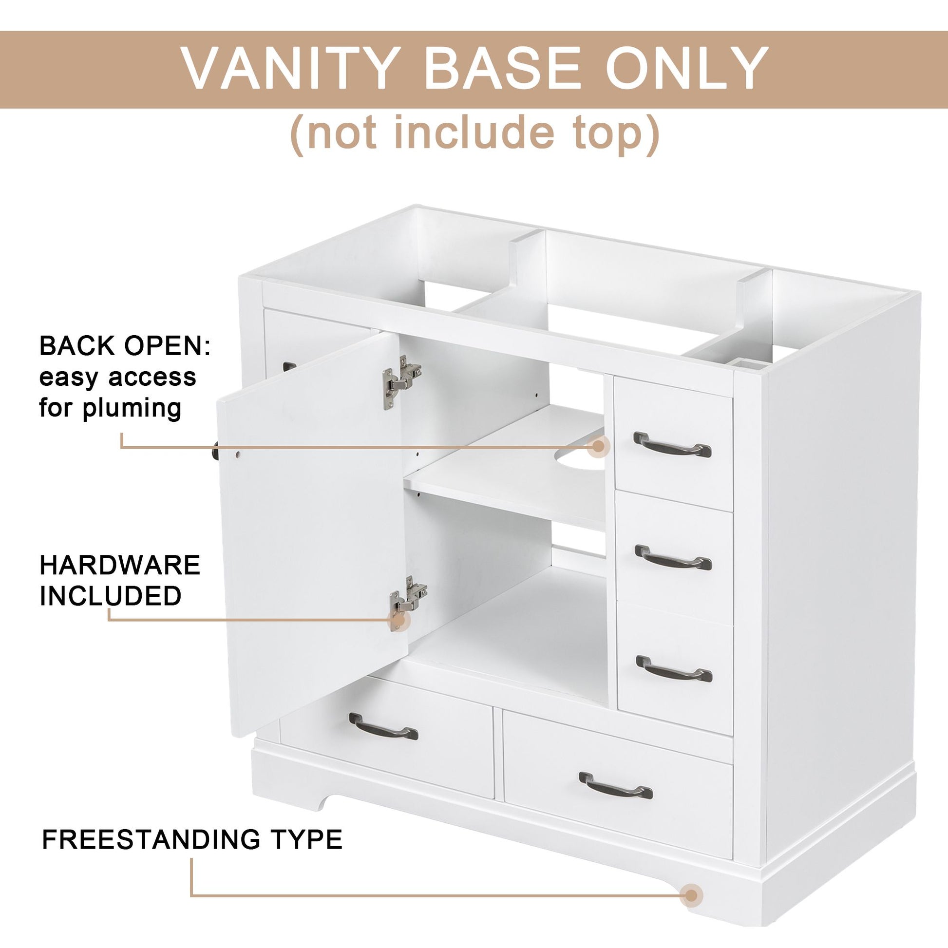 White bathroom vanity cabinet with adjustable shelf inside