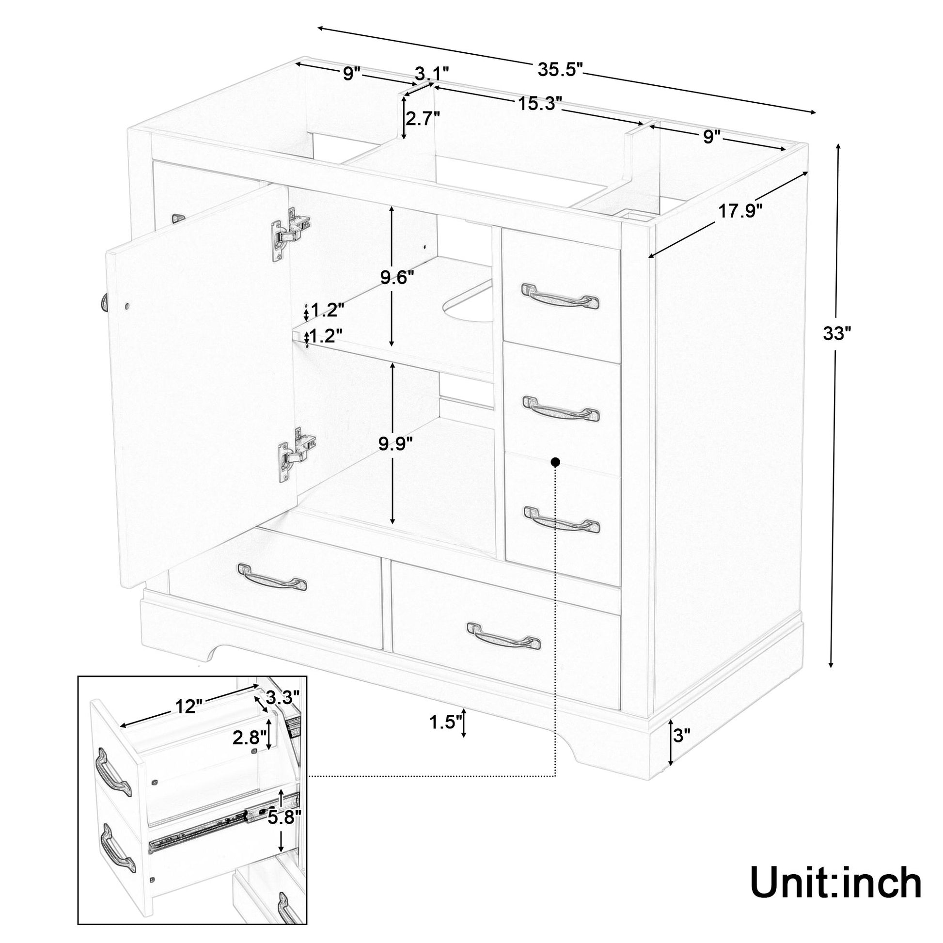 Bathroom vanity cabinet base without sink top view
