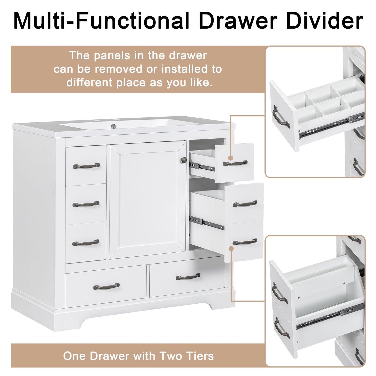 Bathroom vanity cabinet with six drawers and hardware details