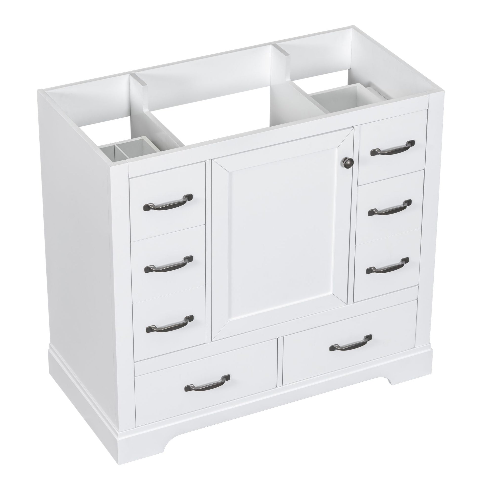 Bathroom vanity cabinet with anti-toppling device installed