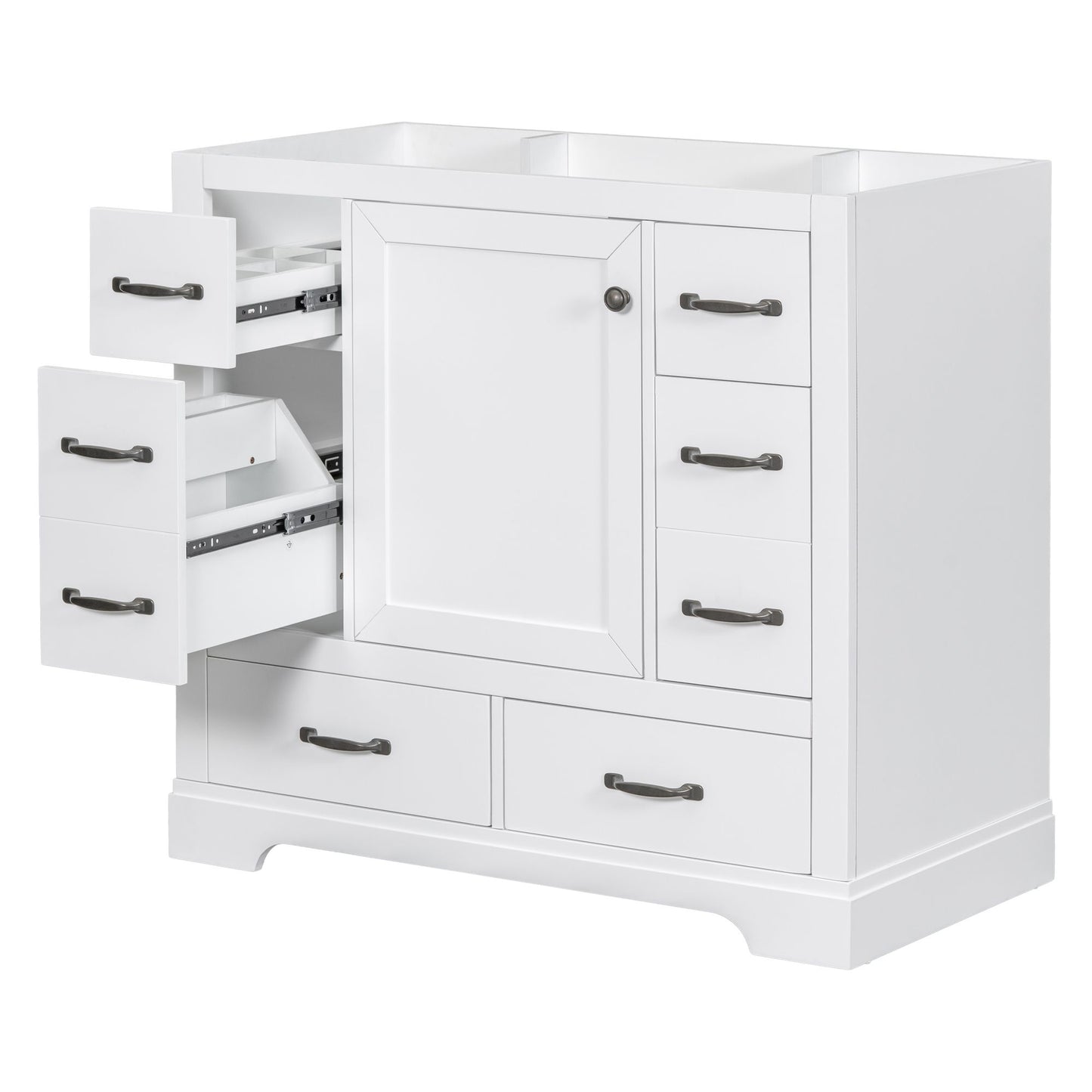 36 inch bathroom vanity cabinet base with drawers open showing storage