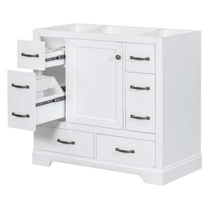 36 inch bathroom vanity cabinet base with drawers open showing storage