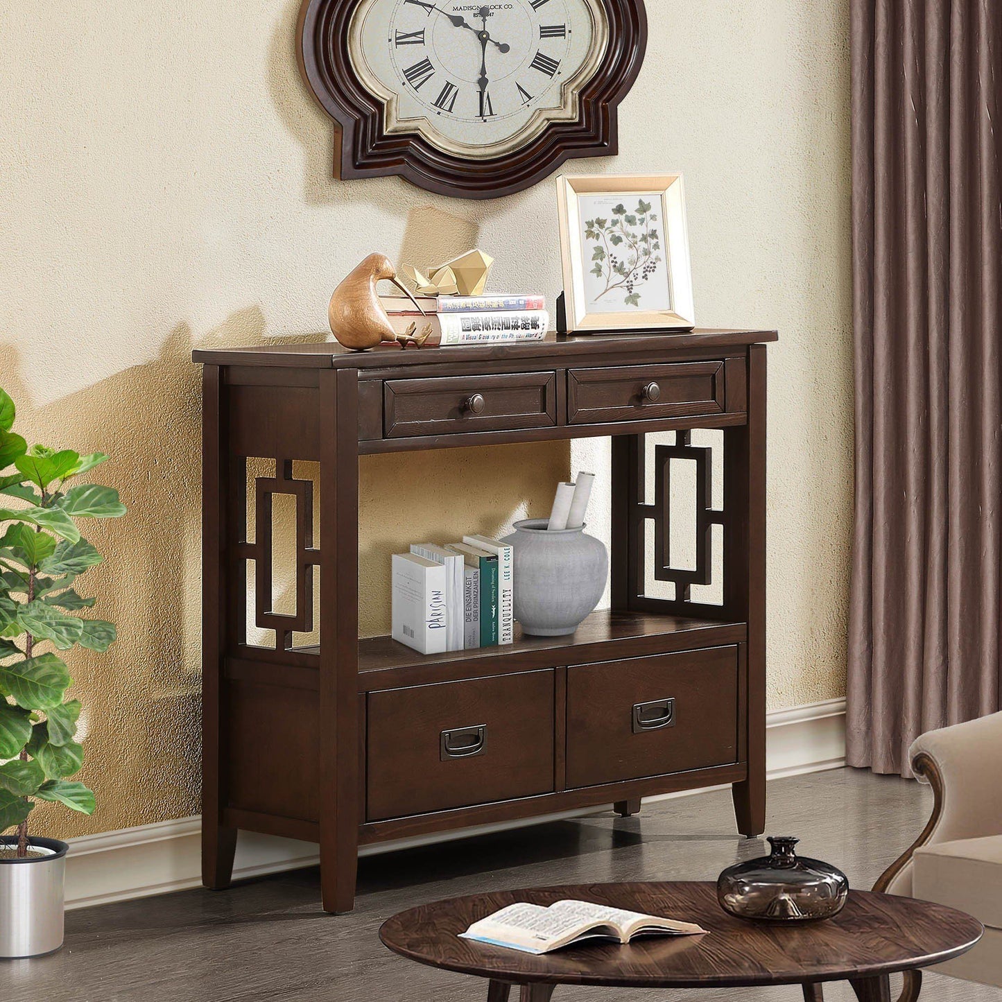 36'' Farmhouse Pine Wood Console Table Entry Sofa Table with 4 Drawers & 1 Storage Shelf for Entryway Living Room Bedroo image 17