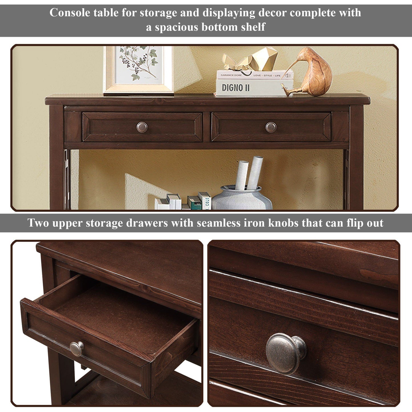 36'' Farmhouse Pine Wood Console Table Entry Sofa Table with 4 Drawers & 1 Storage Shelf for Entryway Living Room Bedroo image 5