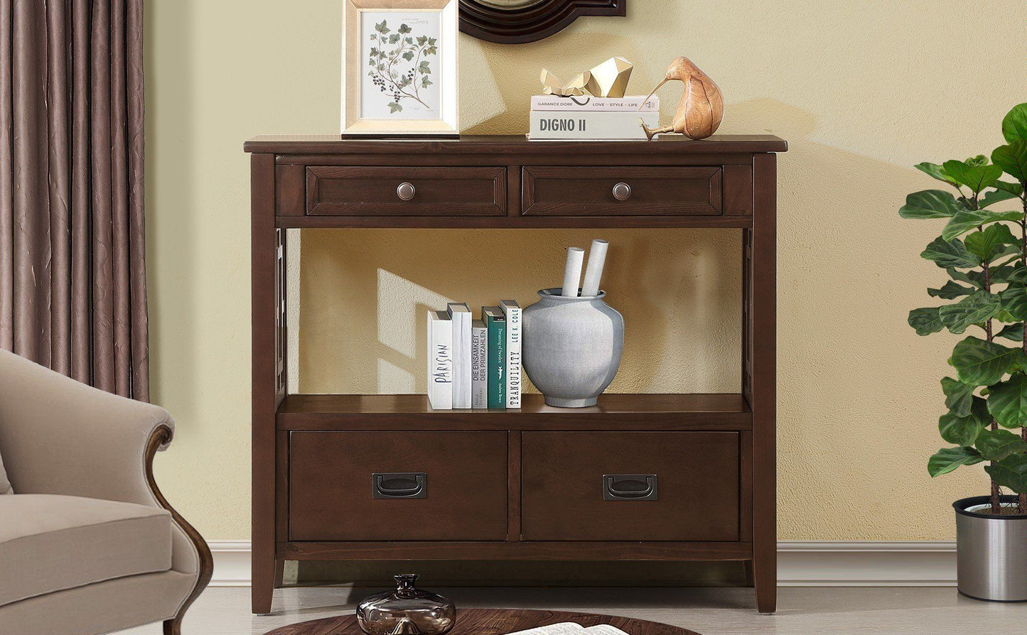 36'' Farmhouse Pine Wood Console Table Entry Sofa Table with 4 Drawers & 1 Storage Shelf for Entryway Living Room Bedroo image 16