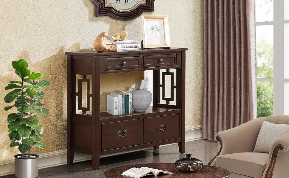 36'' Farmhouse Pine Wood Console Table Entry Sofa Table with 4 Drawers & 1 Storage Shelf for Entryway Living Room Bedroo image 15