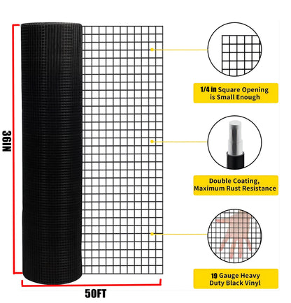 36 inch×50 ft Black Vinyl Coated Hardware Cloth 19 Gauge 1/4 inch Black PVC Hardware Cloth, Black Welded Wire Fence Supp image 2