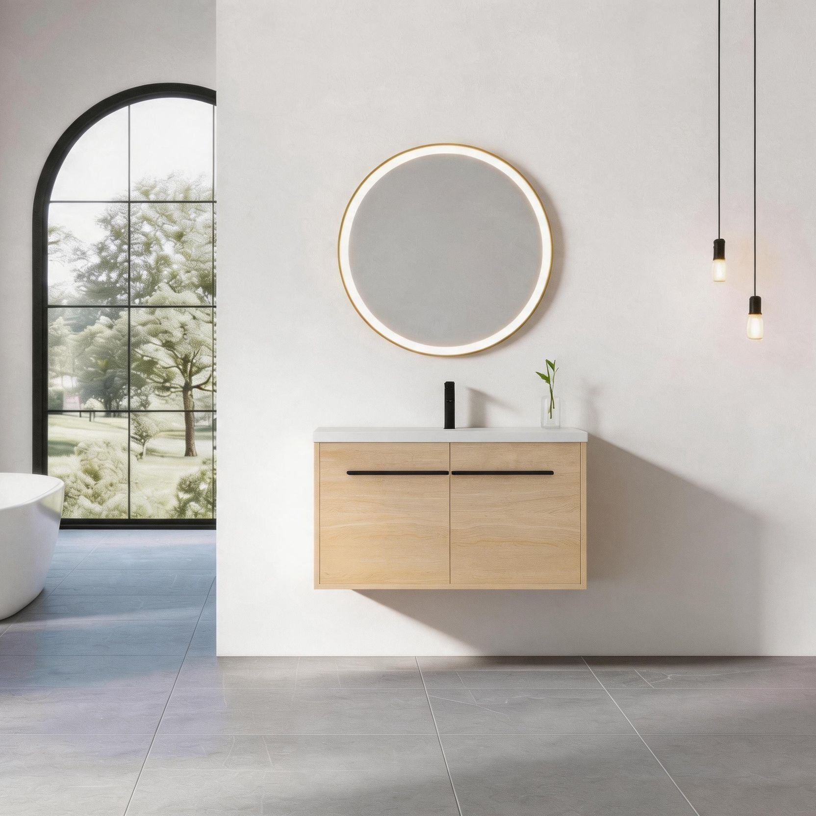 36" Wall Mounted Bathroom Vanity with Resin Basin, Natural Oak Finish, Double Door Plywood Cabinet, Modern Floating Vani image 1