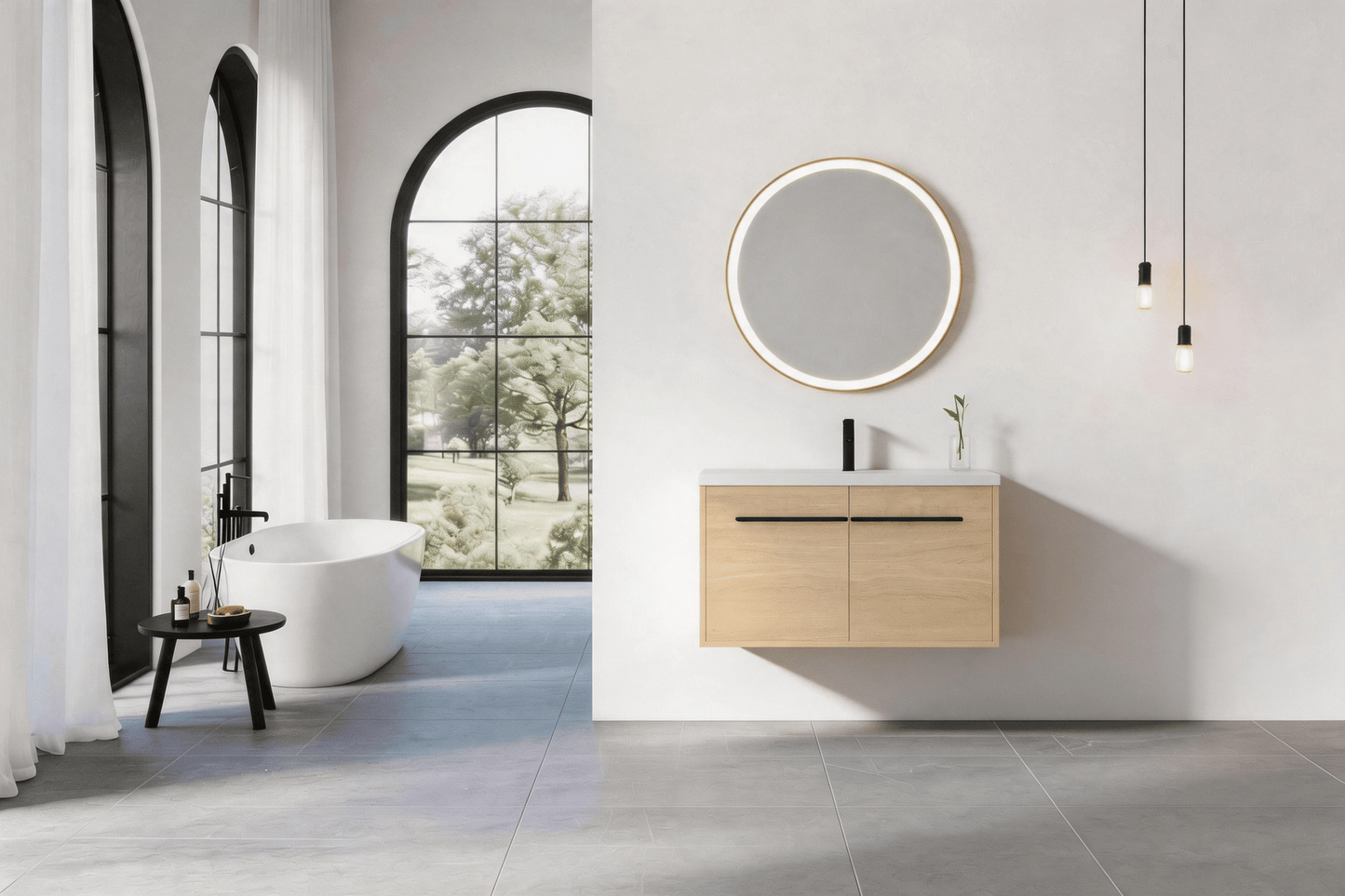 36" Wall Mounted Bathroom Vanity with Resin Basin, Natural Oak Finish, Double Door Plywood Cabinet, Modern Floating Vani image 2