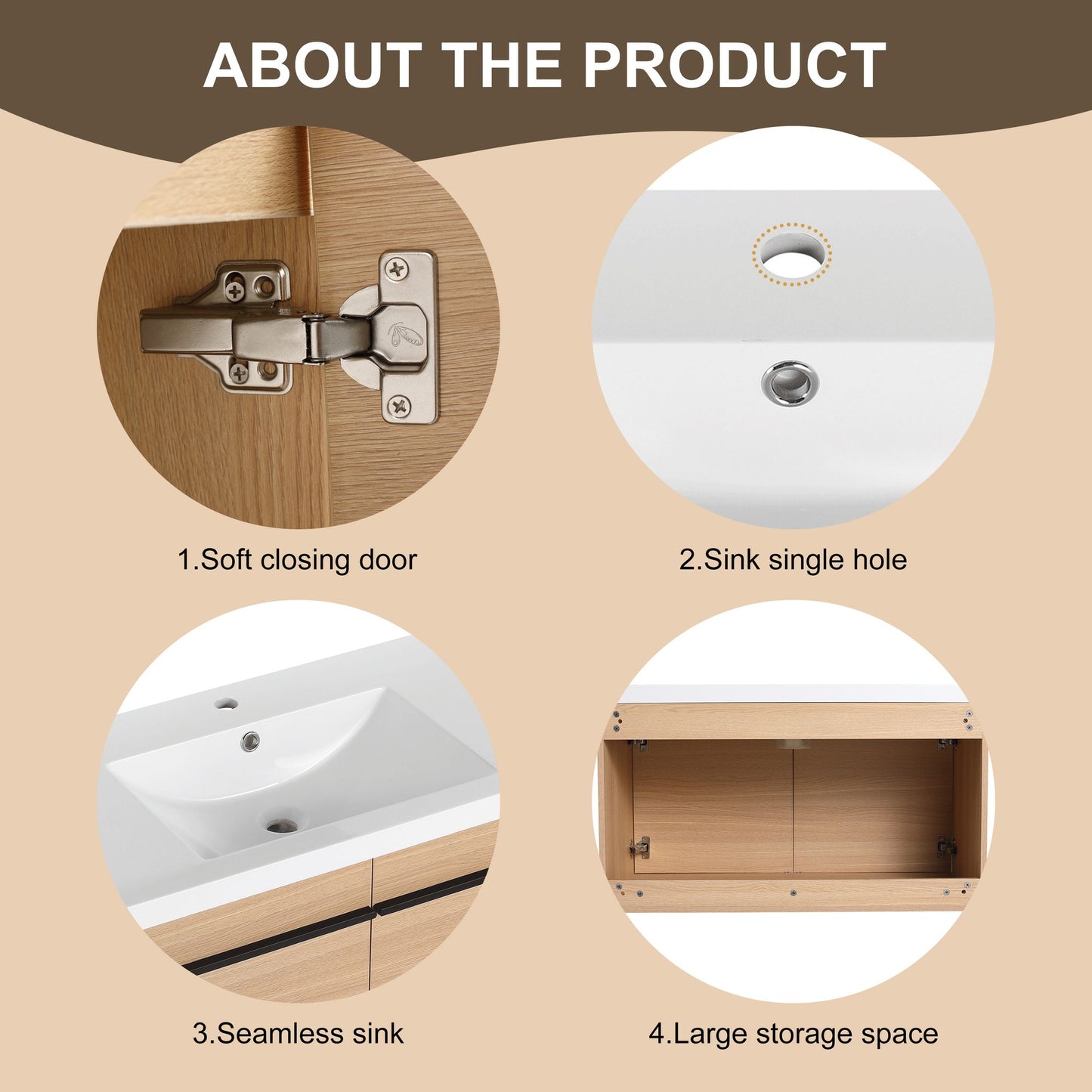 36" Wall Mounted Bathroom Vanity with Resin Basin, Natural Oak Finish, Double Door Plywood Cabinet, Modern Floating Vani image 10