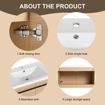 36" Wall Mounted Bathroom Vanity with Resin Basin, Natural Oak Finish, Double Door Plywood Cabinet, Modern Floating Vani image 10