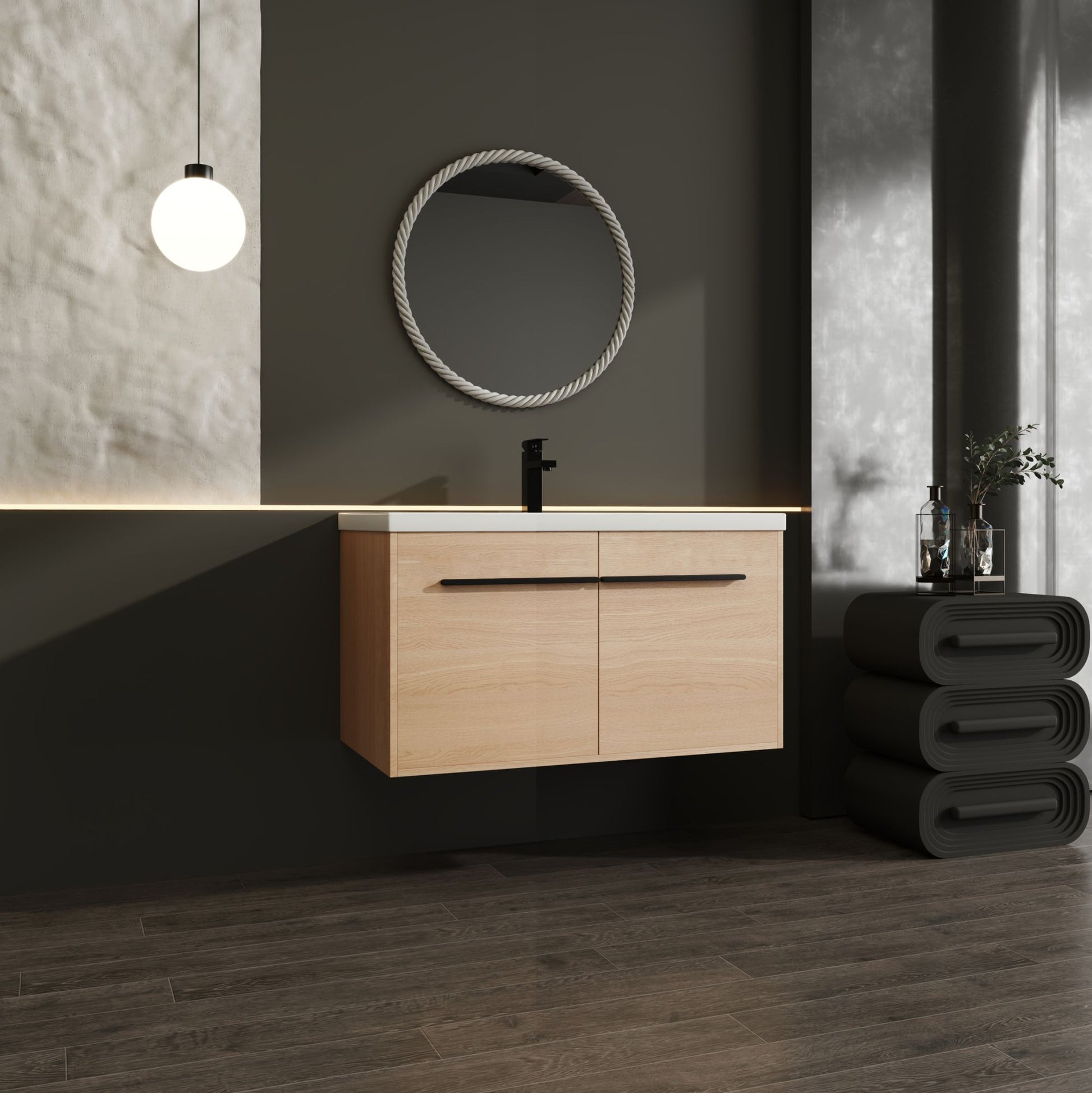 36" Wall Mounted Bathroom Vanity with Resin Basin, Natural Oak Finish, Double Door Plywood Cabinet, Modern Floating Vani image 6