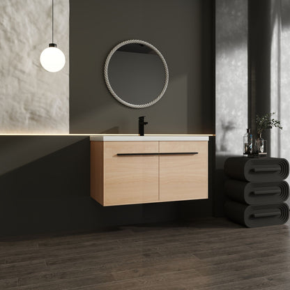 36" Wall Mounted Bathroom Vanity with Resin Basin, Natural Oak Finish, Double Door Plywood Cabinet, Modern Floating Vani image 6