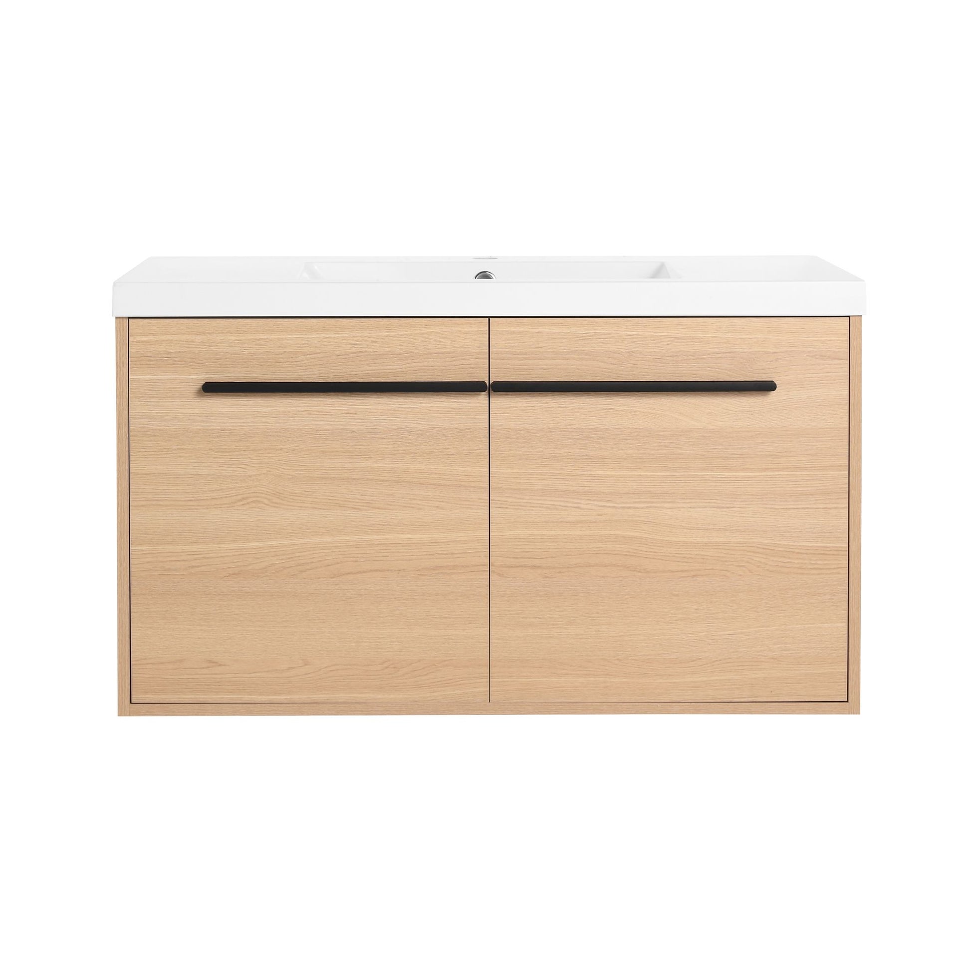 36" Wall Mounted Bathroom Vanity with Resin Basin, Natural Oak Finish, Double Door Plywood Cabinet, Modern Floating Vani image 15